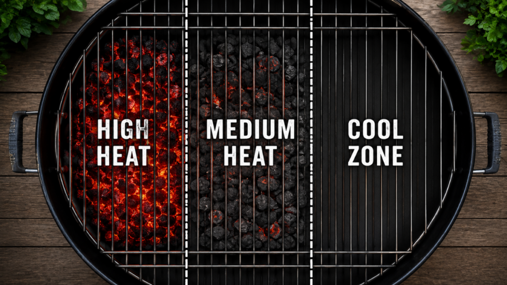 Grill thermal zones layout for cooking the 4 must-have foods for an outdoor cookout successfully