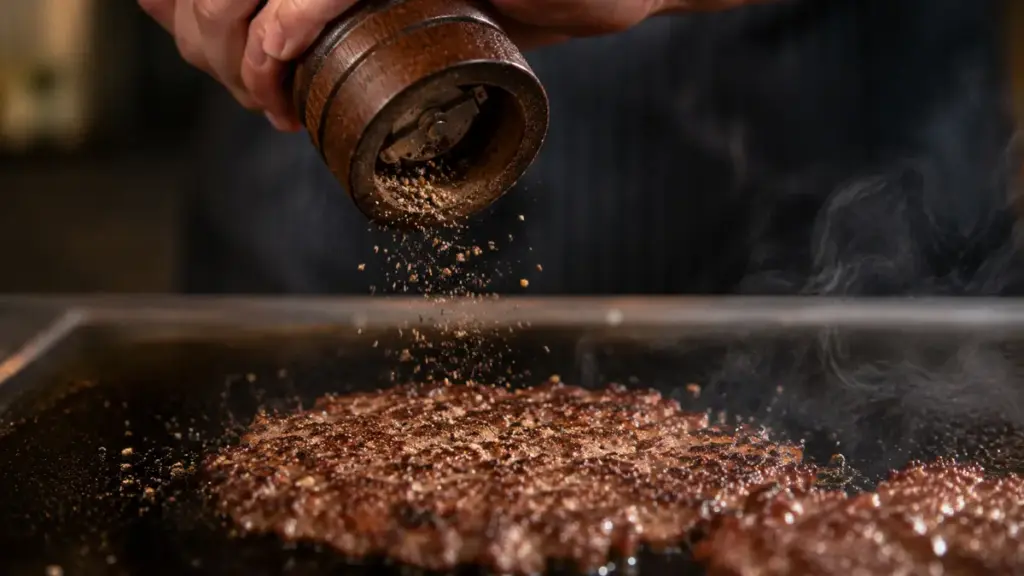 grinding-fresh-black-pepper-directly-onto-a-searing-hot-smash-burger-patty