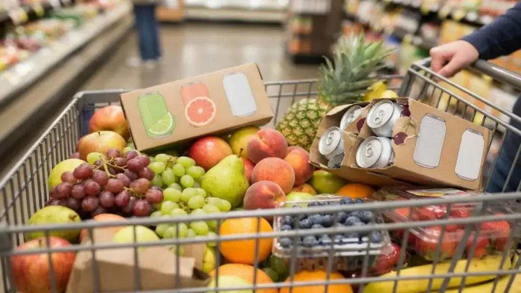 grocery-shopping-cart-loaded-with-healthy-liquids-to-avoid-purchasing-alcoholic-beverages