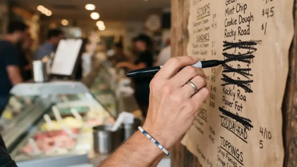 hand-crossing-out-menu-items-on-a-whiteboard-inside-a-store