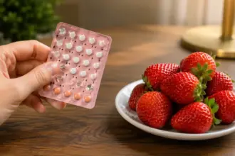 hand holding birth control blister pack next to fresh strawberries