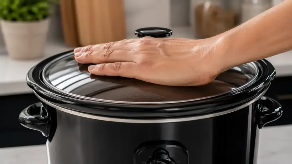 hand-pressing-down-on-a-glass-cooker-lid-to-seal-in-internal-heat