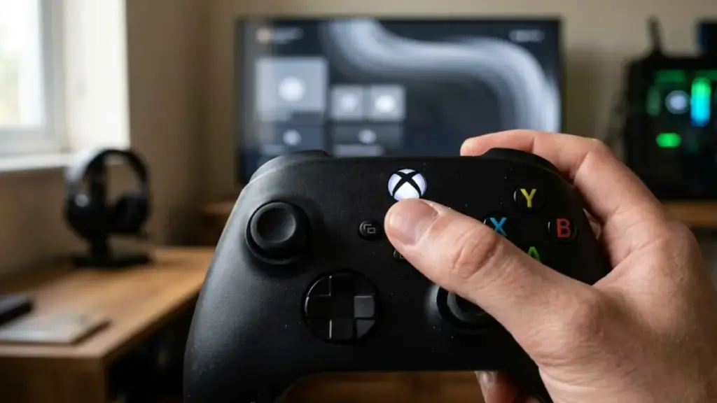 hand-pressing-xbox-guide-button-on-controller-for-xbox-game-pass-essential
