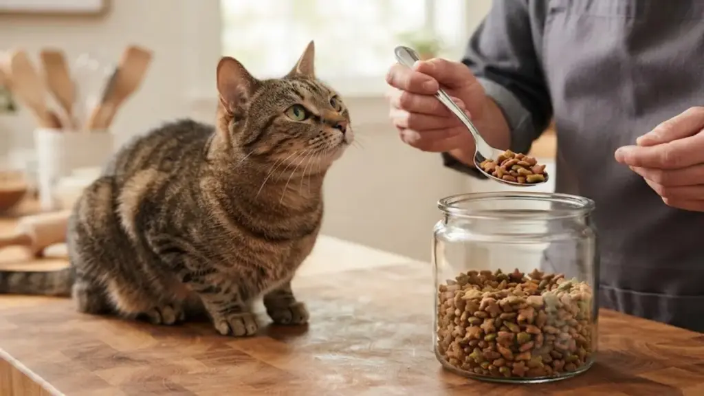 hand-scooping-healthy-pet-treats-from-a-jar-to-reward-positive-cat-training