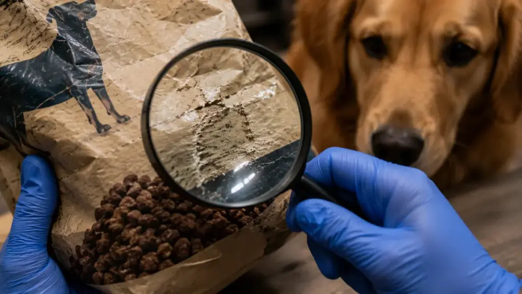 hand-using-magnifying-glass-to-inspect-scratched-lot-numbers-on-fake-dog-food