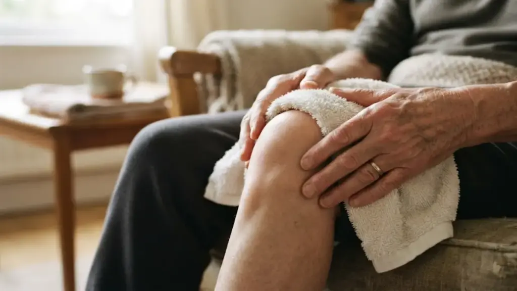 hands-massaging-warm-towel-over-knee-joint-weekly-exercise