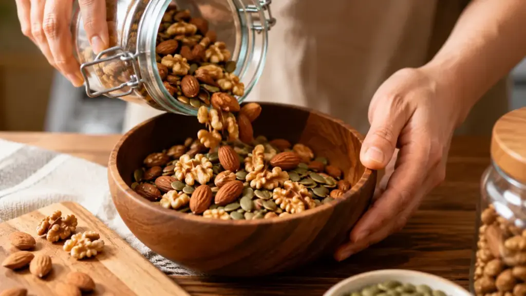 hands-pouring-raw-nuts-and-seeds-into-a-wooden-bowl
