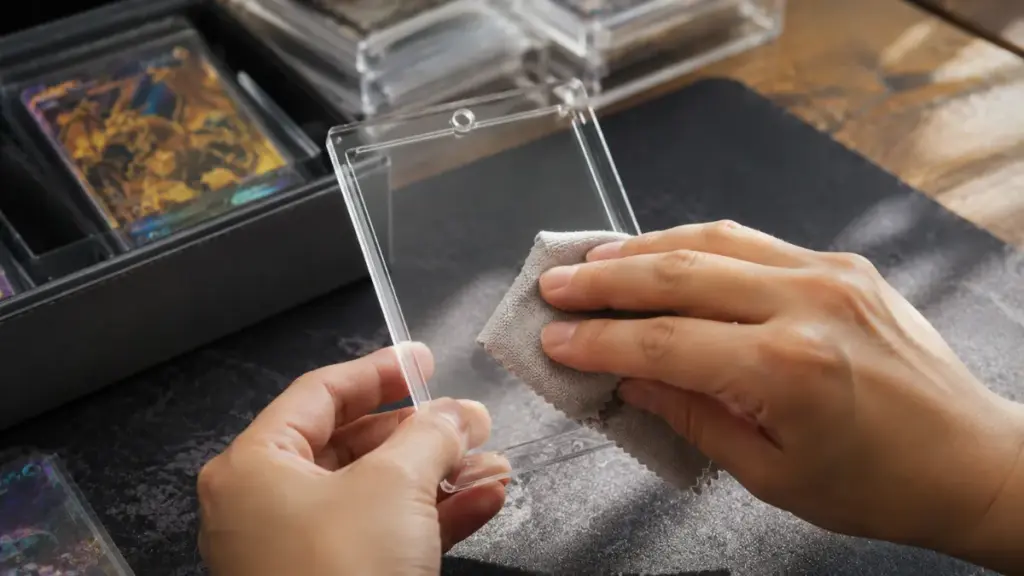hands-wiping-card-display-case-clean-for-pokémon-pitch-black-card-list
