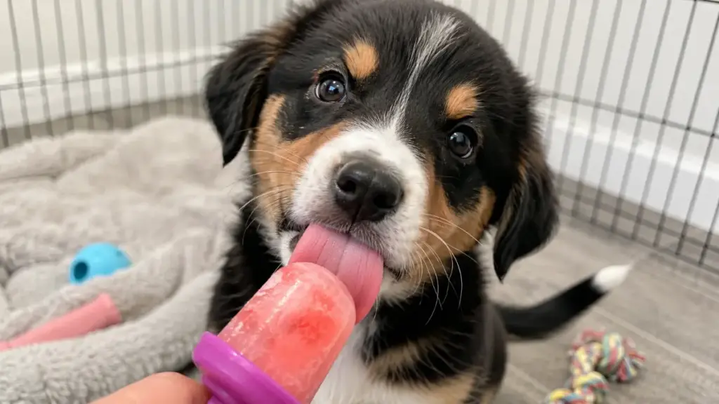 happy-dog-licking-a-frozen-treat-toy-inside-a-comfortable-nursery-pen