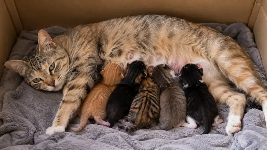 happy-feline-family-settled-after-showing-signs-cat-is-giving-birth