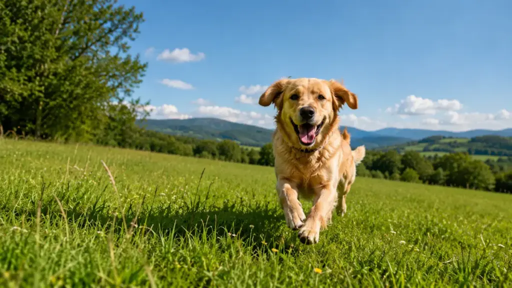healthy happy dog running in sunny green field