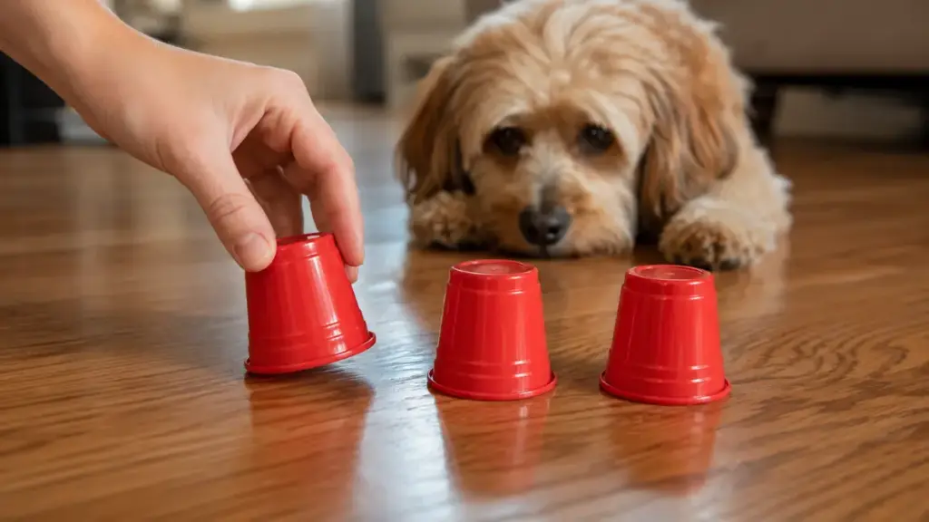 hiding-dried-meat-treats-under-turned-plastic-cups-for-canine-scintilla-tracking