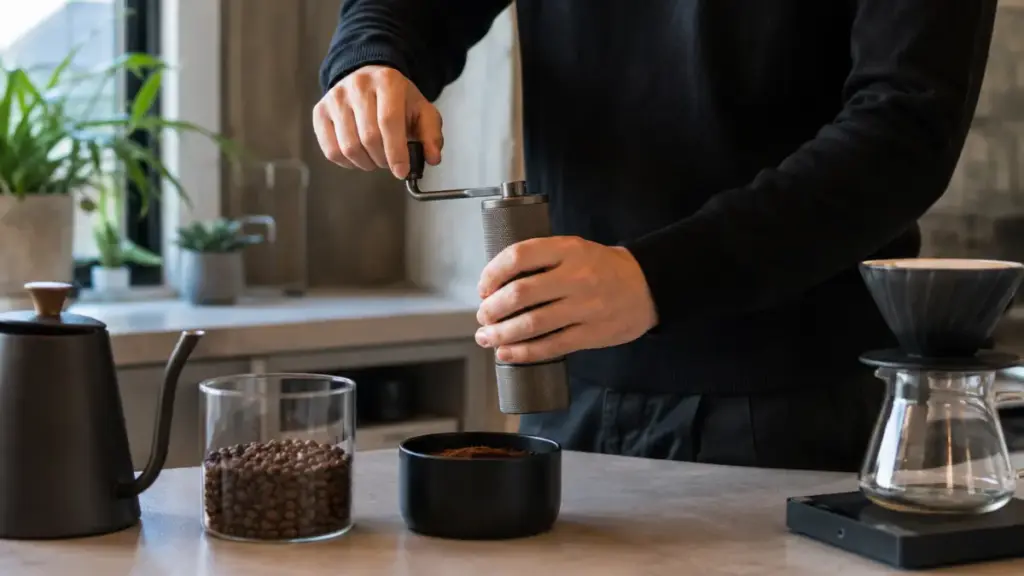 high-end-manual-burr-coffee-grinder-processing-premium-beans-for-very-expensive-coffee