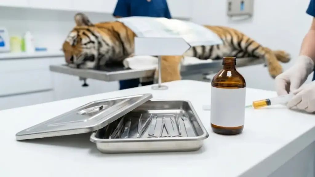 Veterinary medical tools prepared for Woods Tiger medical recovery and care