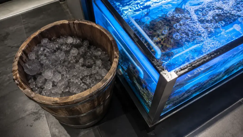 historical-wooden-ice-bucket-contrasted-with-a-modern-blue-seafood-tank