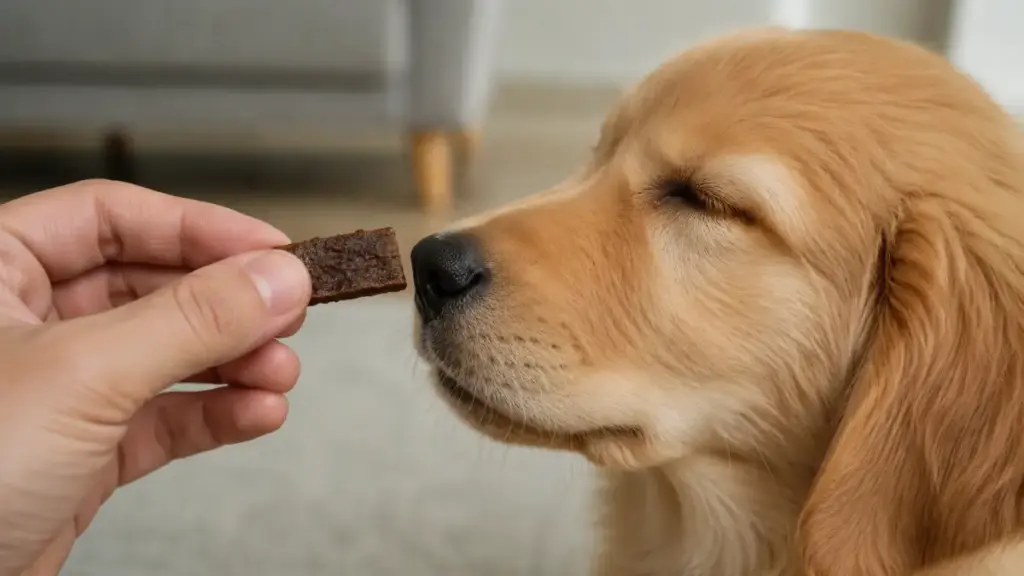 holding-a-high-value-liver-treat-near-a-dogs-nose-to-enforce-the-quiet-command
