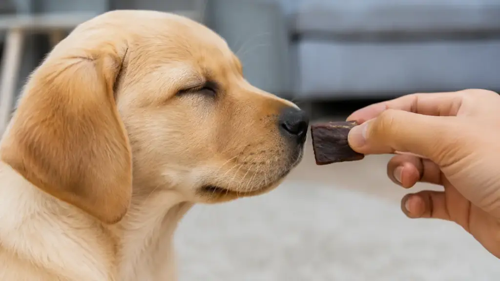 holding-a-high-value-liver-treat-near-a-dogs-nose-to-enforce-the-quiet-command