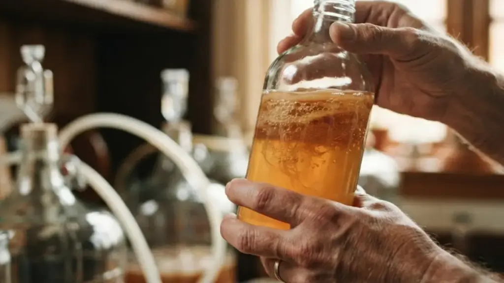 home-brewer-checking-organic-kombucha-fermentation-to-bypass-toxic-alcoholic-beverages