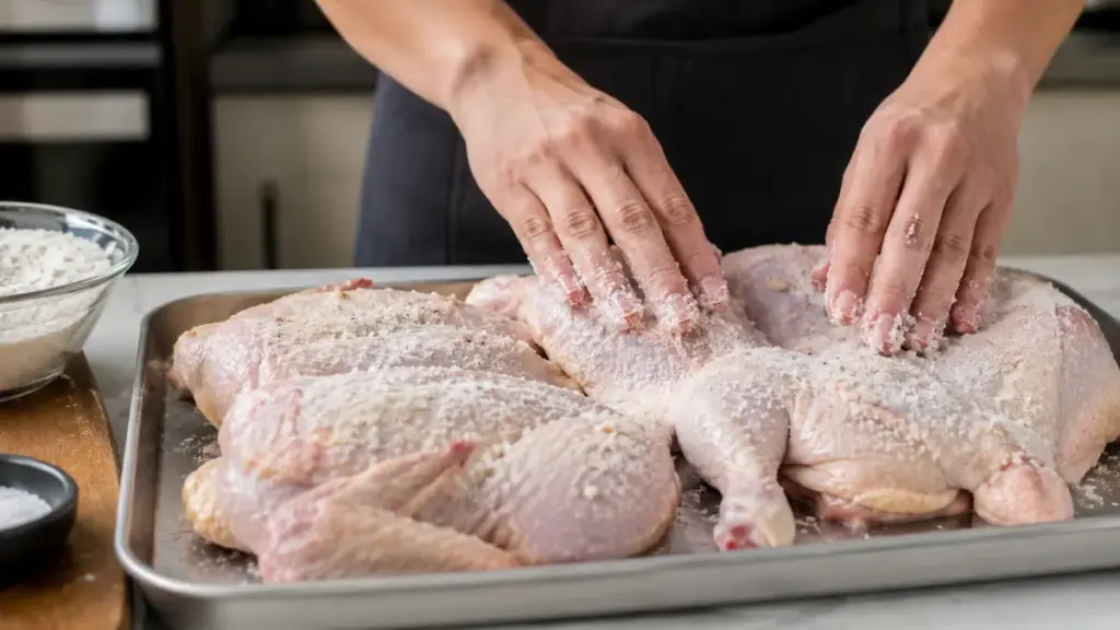 home-cook-applying-baking-powder-and-salt-mix-to-chicken-skin-for-a-delish-recipe