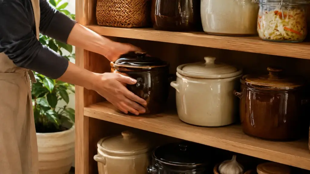 home-cook-arranging-ceramic-fermentation-crocks-on-a-wooden-pantry-shelf