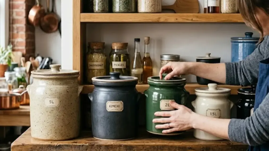 home-cook-arranging-ceramic-fermentation-crocks-on-a-wooden-pantry-shelf