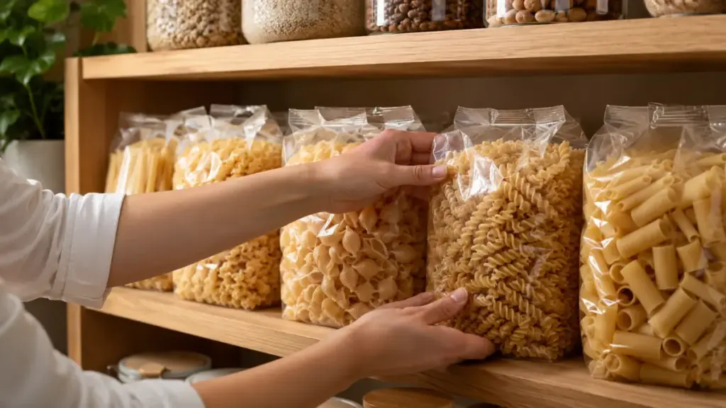 home-cook-arranging-premium-imported-italian-pasta-packages-in-a-pantry