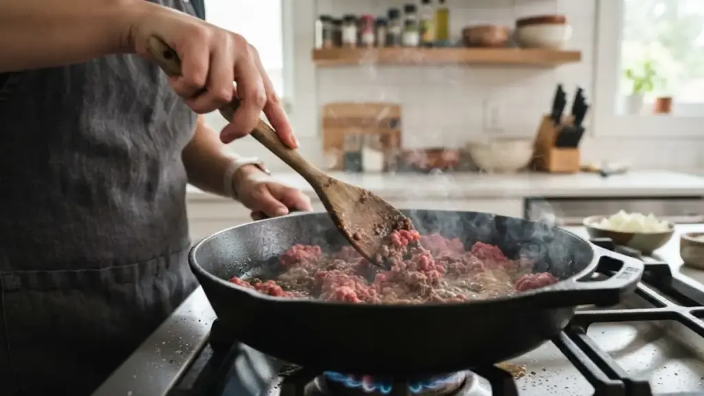 home-cook-browning-ground-beef-in-a-cast-iron-pan-for-a-sloppyjoe