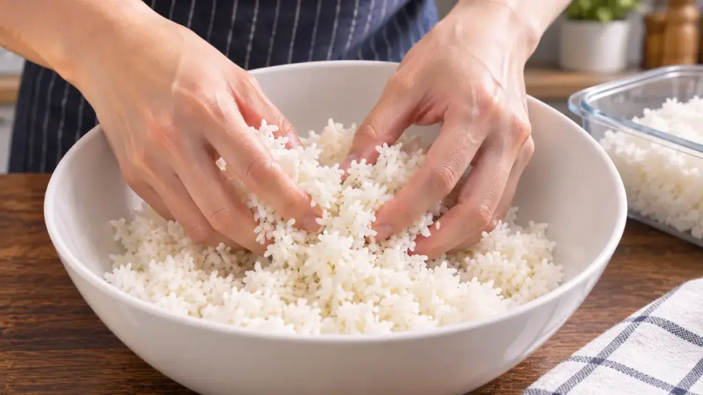 home-cook-gently-separating-cold-cooked-rice-grains-in-a-bowl-for-left-over-rice