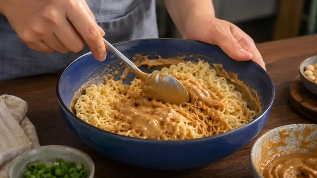 home-cook-mixing-peanut-butter-sauce-into-hot-ramen-for-cheap-dinner-ideas