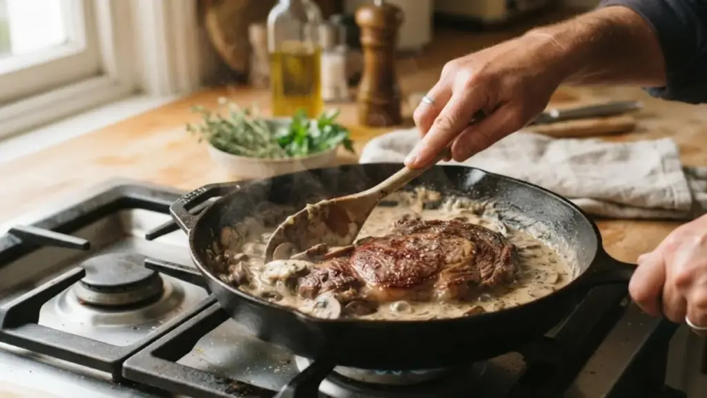 home-cook-mixing-savory-sauce-in-a-skillet-for-a-house-steak