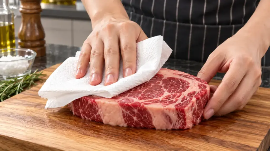 home-cook-patting-raw-beef-dry-with-paper-towels-for-recipe-quick