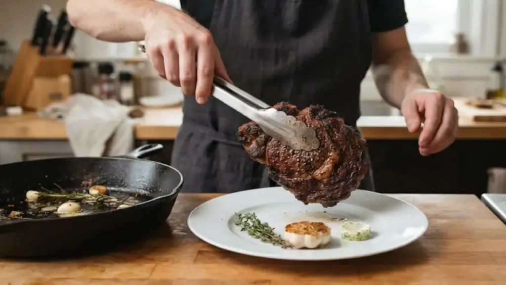home-cook-plating-a-hot-seared-house-steak-on-porcelain