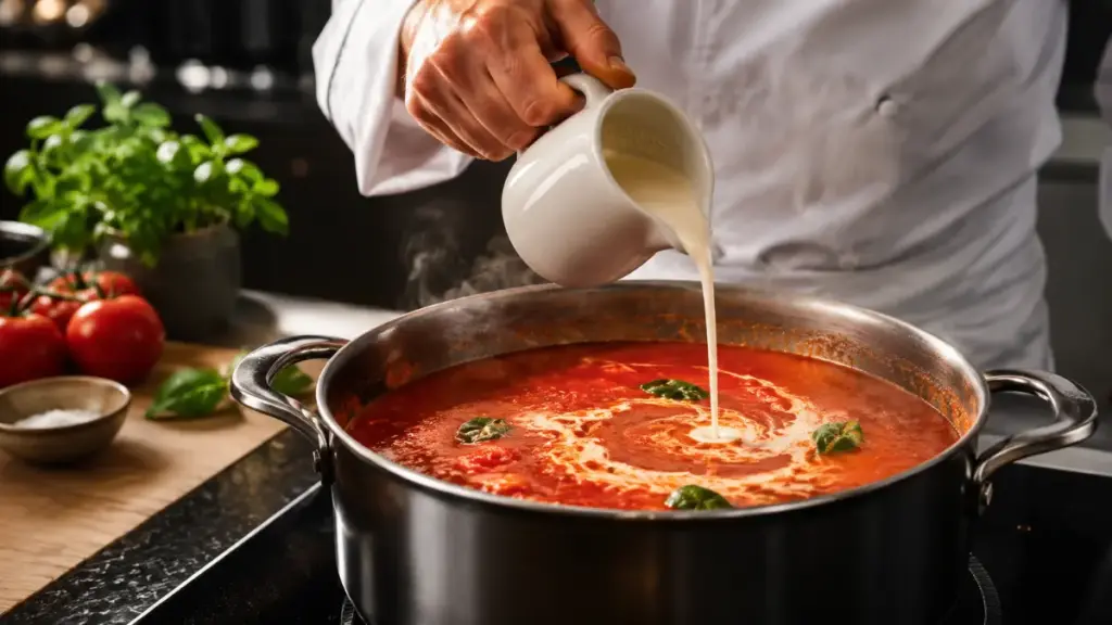 home-cook-pouring-heavy-cream-into-a-pot-of-tomato-soup-for-fav-food