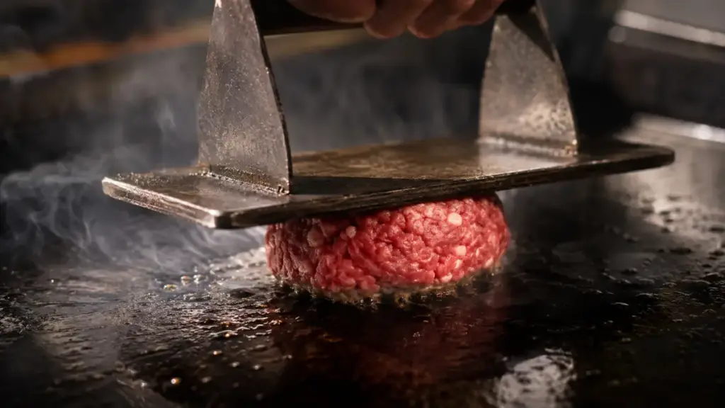 home-cook-pressing-beef-patty-flat-on-a-cast-iron-griddle-for-a-smash-burger