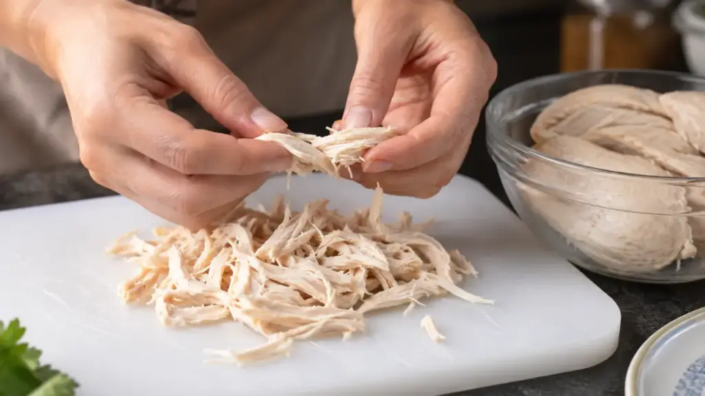 home-cook-shredding-poultry-fibers-on-a-board-for-cooked-chicken-in-fridge
