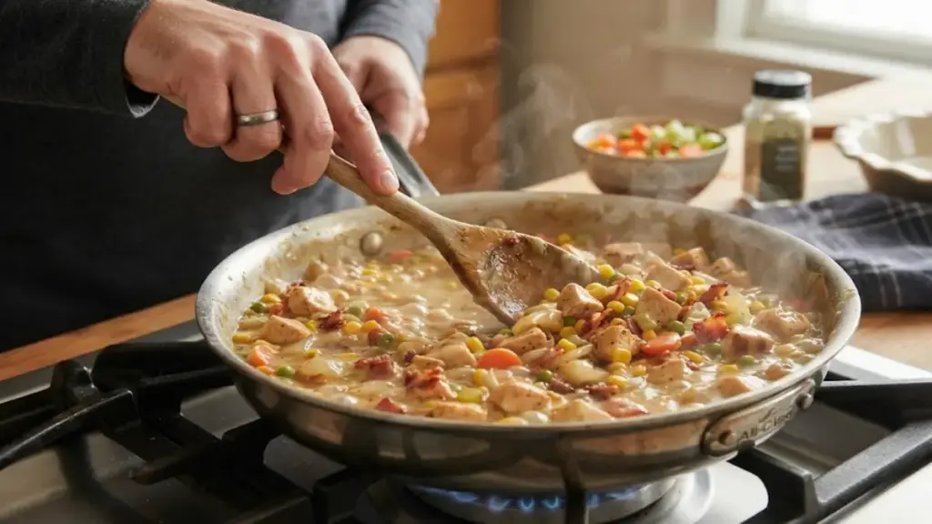 home-cook-stirring-chicken-bacon-and-corn-filling-for-savory-chicken-pot-pie-recipes