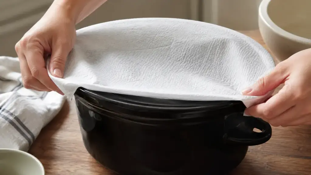 home-cook-stretching-paper-towels-over-a-cooking-pot-rim-for-pastry-moisture-control-when-making-cake-in-a-slow-cooker