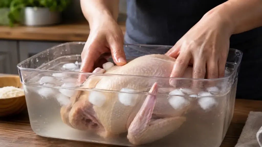 home-cook-submerging-raw-poultry-into-a-clear-brining-basin-before-cooking-chicken-on-the-smoker