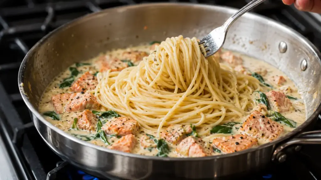 home-cook-tossing-angel-hair-pasta-in-creamy-salmon-sauce-for-quick-meals