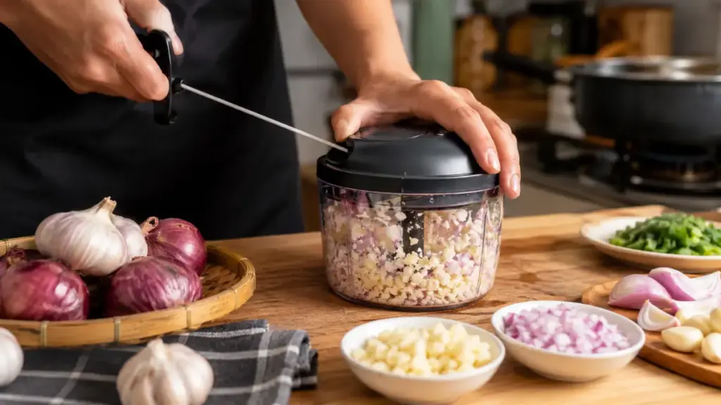 home-cook-using-a-manual-pull-chopper-for-easy-prepared-meals