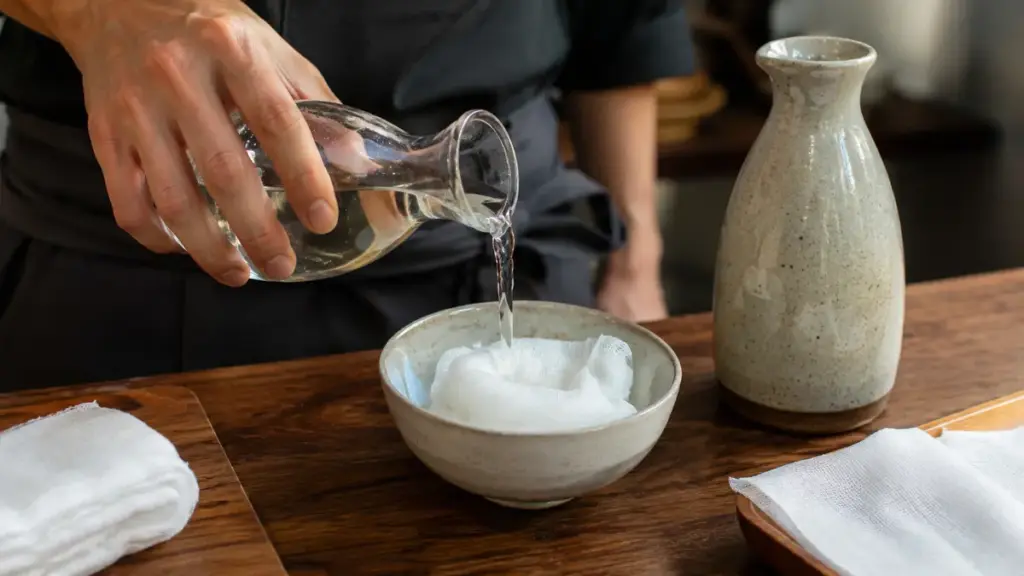 home-user-saturating-medical-gauze-in-warm-sake-for-proper-japanese-wine-rice-therapy