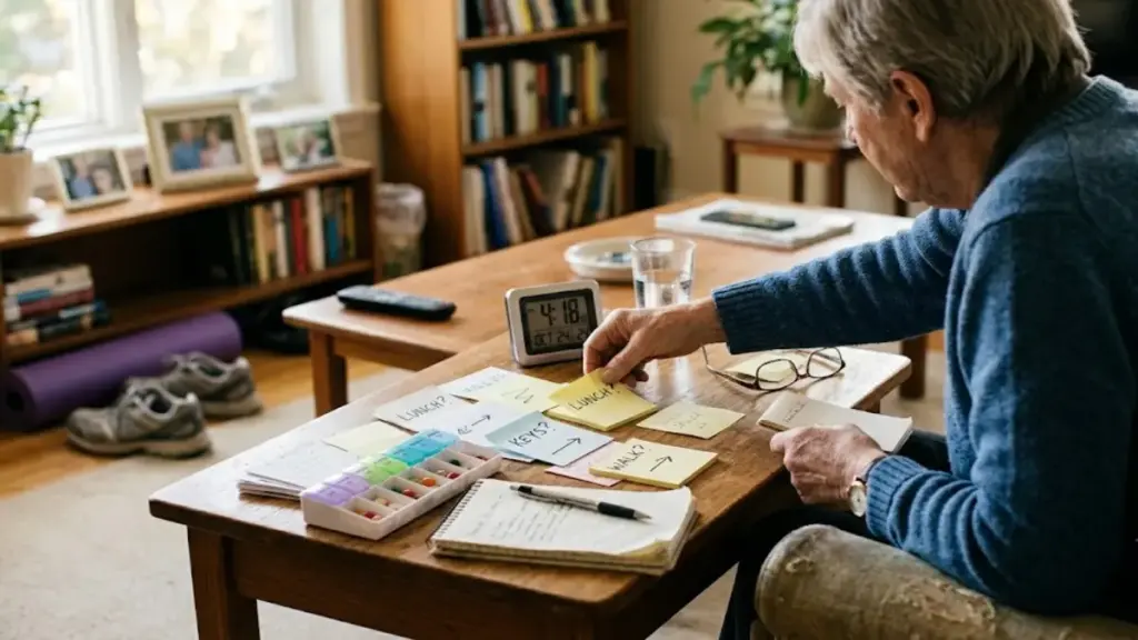senior-person-using-sticky-notes-to-remember-daily-tasks-with-physical-activity-dementia
