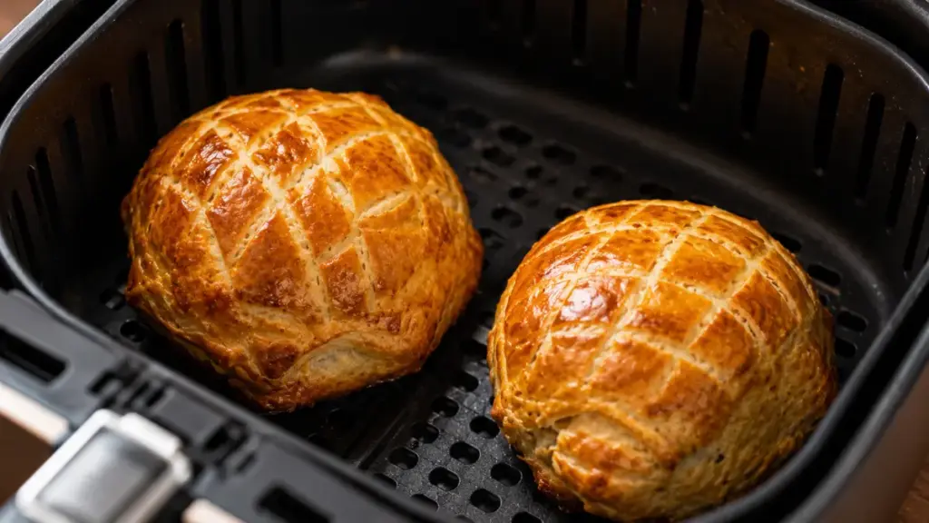 individual-golden-pastry-parcels-baking-inside-an-air-fryer-basket-for-a-mini-steak-wellington-recipe