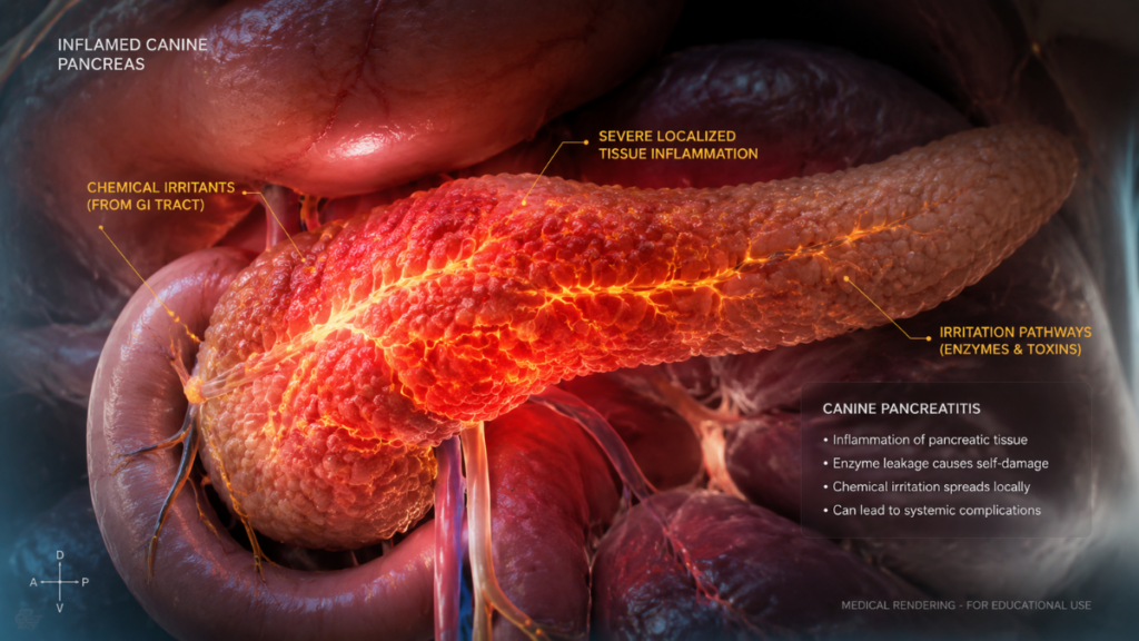 inflamed-canine-pancreas-visceral-pain-abnormal-dog-body-behavior