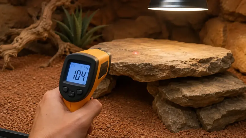 infrared-temperature-gun-checking-basking-spot-readings-for-a-proper-bearded-dragon-cage-setup