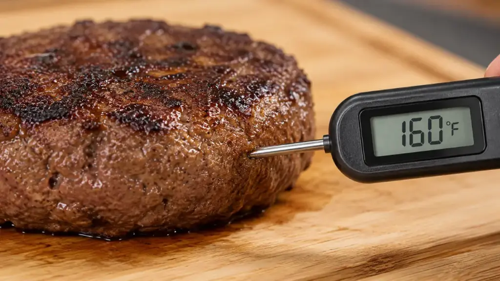 inserting-digital-meat-thermometer-into-burger-patty-dangerous-food-for-cookout