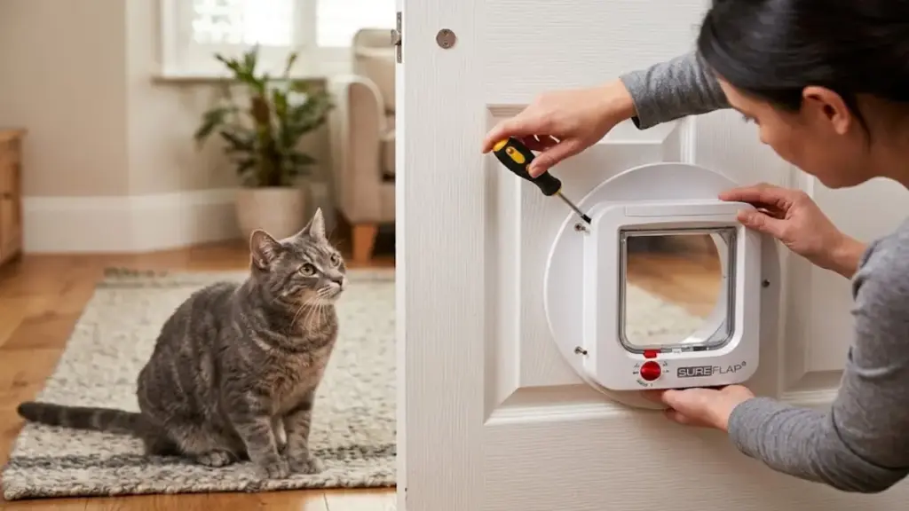 installing-a-plastic-cat-door-on-a-white-panel-to-prevent-feline-stress-symptoms