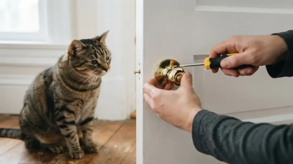 installing-a-round-brass-doorknob-on-a-wooden-door-for-cat-training
