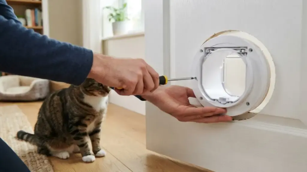 installing-a-small-pet-door-on-a-white-panel-for-cat-training