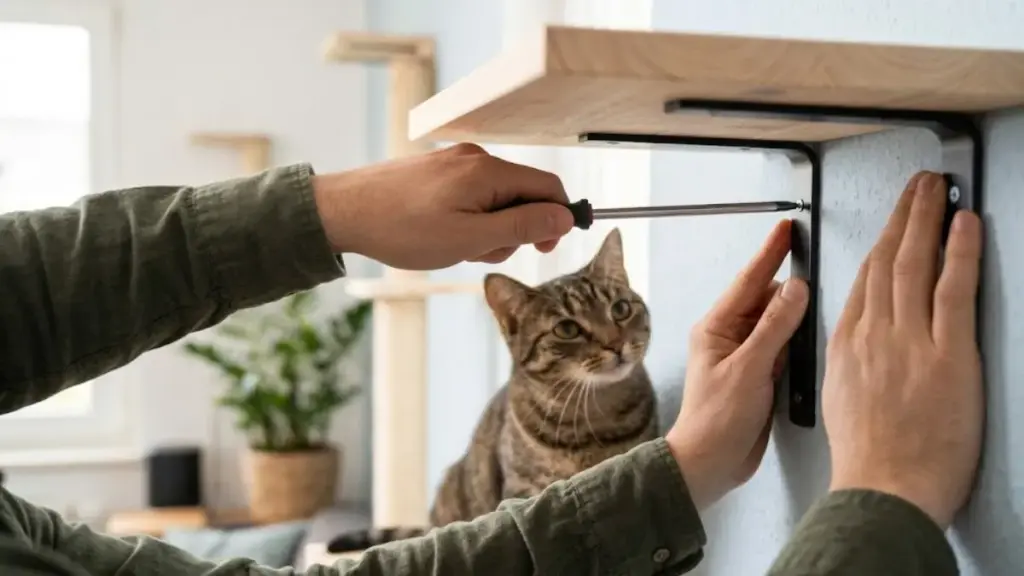 installing-a-wooden-cat-shelf-on-a-white-wall-to-curb-feline-aggression-pet